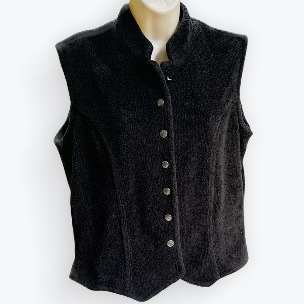 Festival Cabincore Cowgirl Concho-Style Buttoned Fuzzy Black “Sherpa” Vest ~ XL